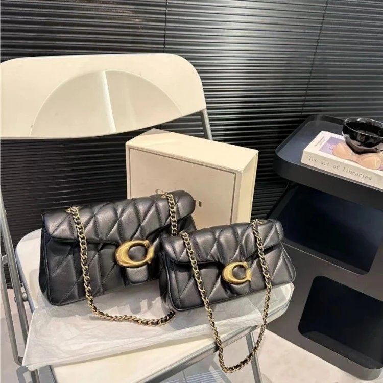 Coach Shoulder Bags Quilted chain-strap flap bag with C turn-lock — Black gold label (gift box packaging)