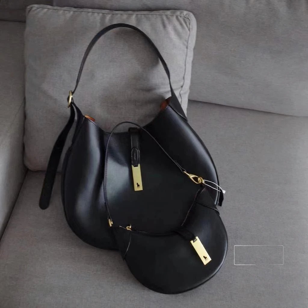 Ralph Lauren Shoulder Bags Crescent Hobo Bag with Gold Logo Plaque — Large size, black color