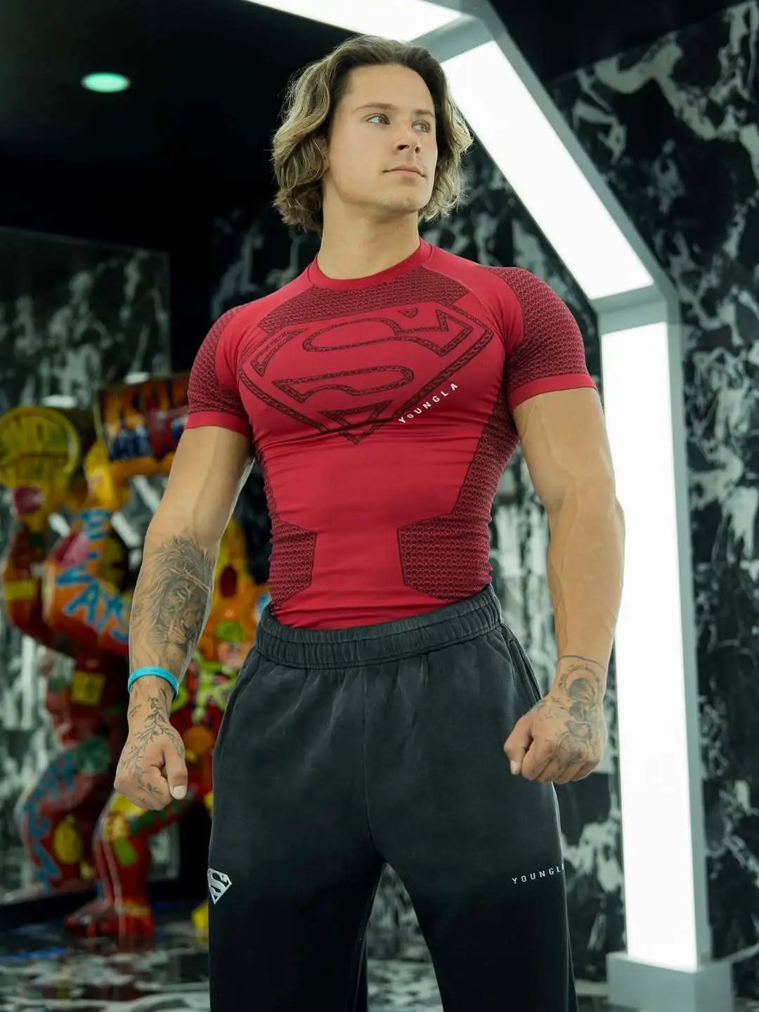 YoungLA T-Shirts Men's short-sleeve compression athletic T-shirt with Superman emblem — Red