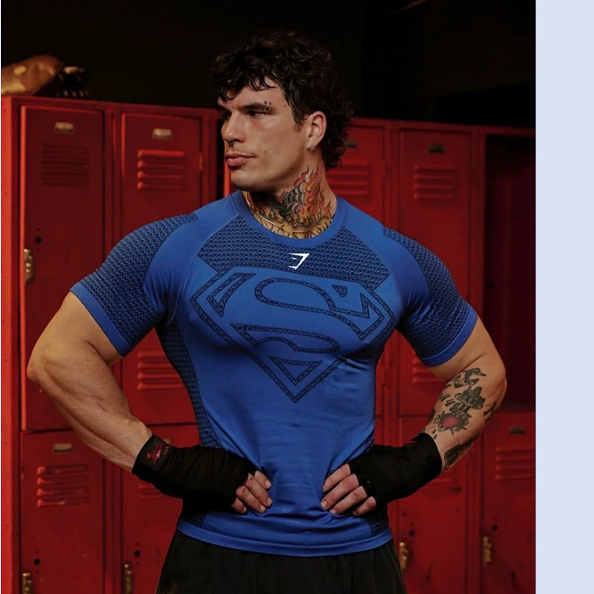 YoungLA T-Shirts Men's short-sleeve compression athletic T-shirt with Superman emblem — Blue-Shark