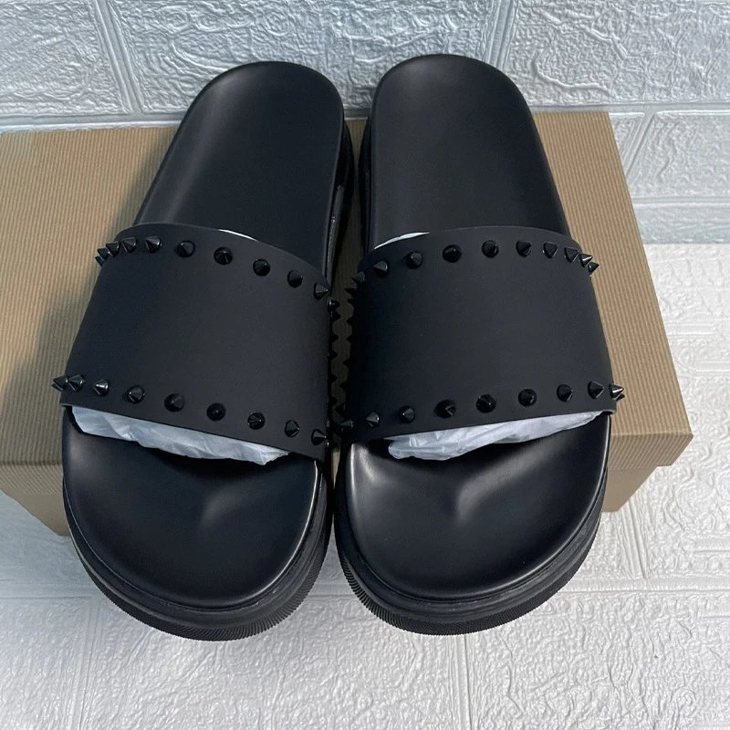 Unbranded Slippers Open-Toe Studded Slide — Black with black studs