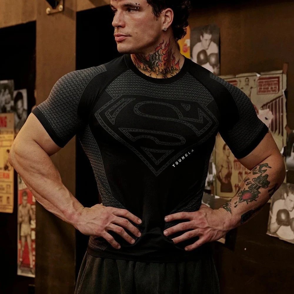 YoungLA T-Shirts Men's short-sleeve compression athletic T-shirt with Superman emblem image 2