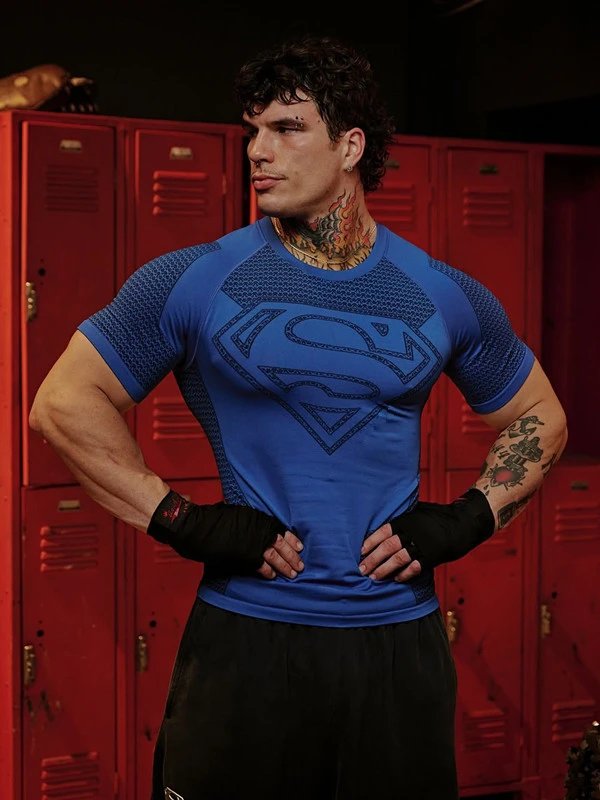 YoungLA T-Shirts Men's short-sleeve compression athletic T-shirt with Superman emblem — Blue (None logo)