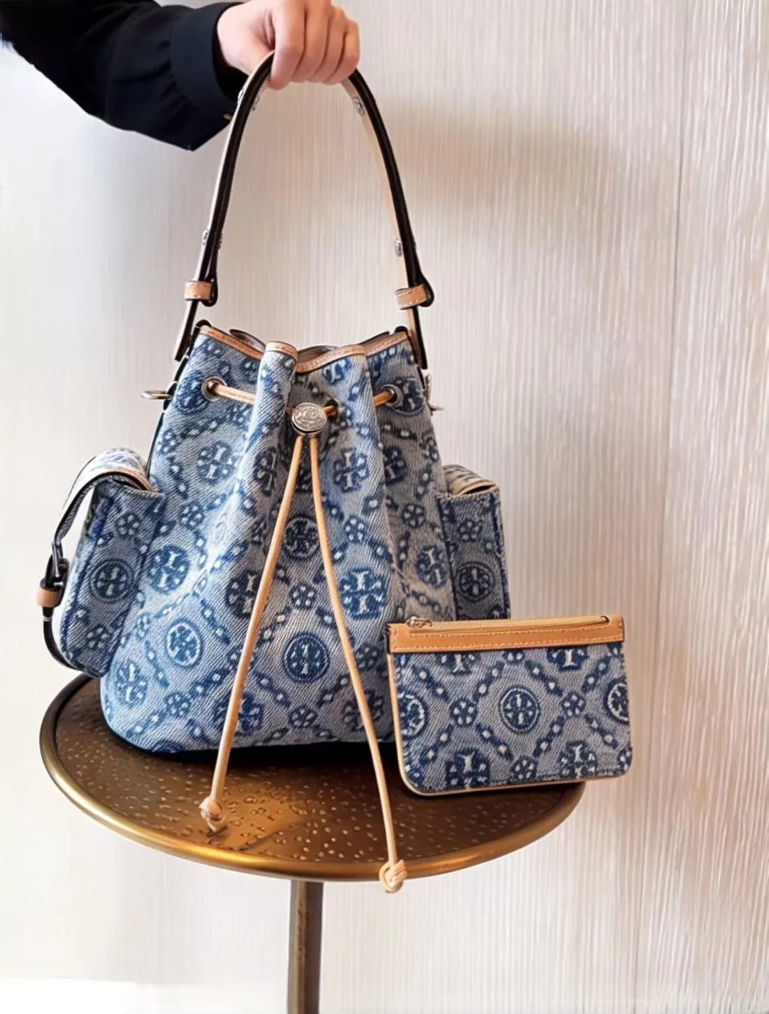 Tory Burch Shoulder Bags Quilted Drawstring Bucket Bag — denim