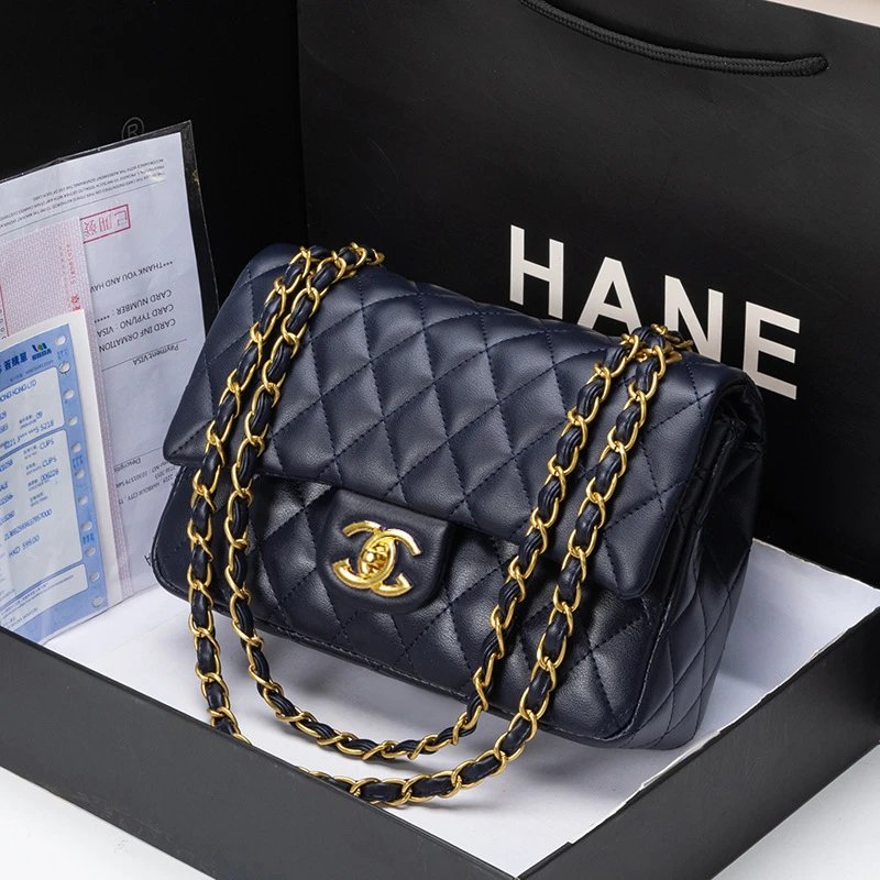 Chanel Crossbody Bags Quilted Flap Chain Strap — Classic Navy Blue Tote Bag Gift Box