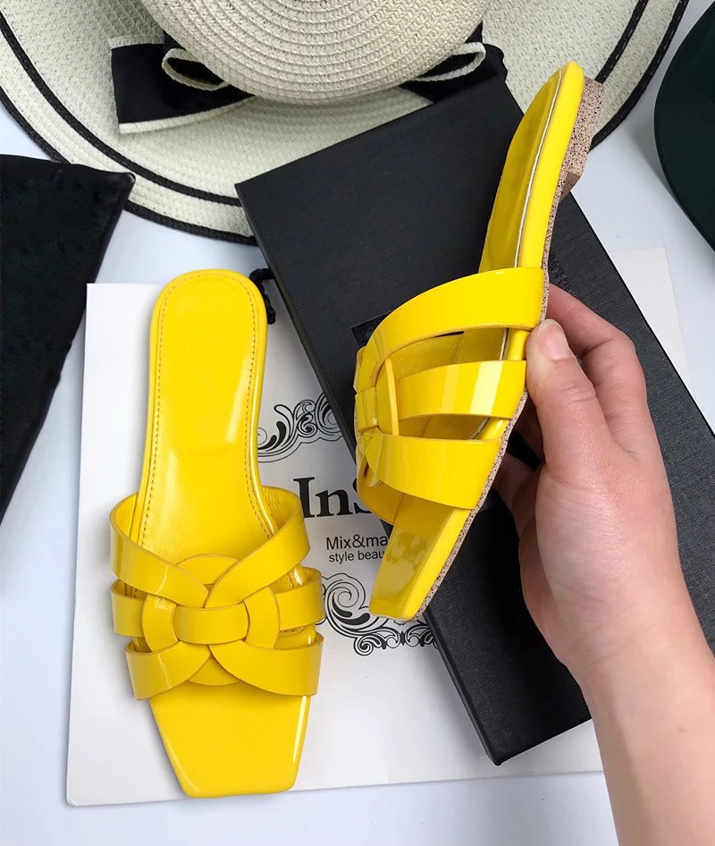 Unbranded Sandals Square-Toe Woven Strap Flat Slides — Yellow patent leather