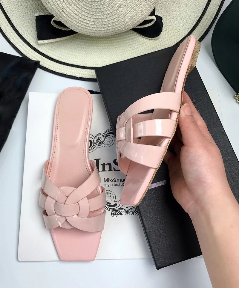 Unbranded Sandals Square-Toe Woven Strap Flat Slides — Pink patent leather