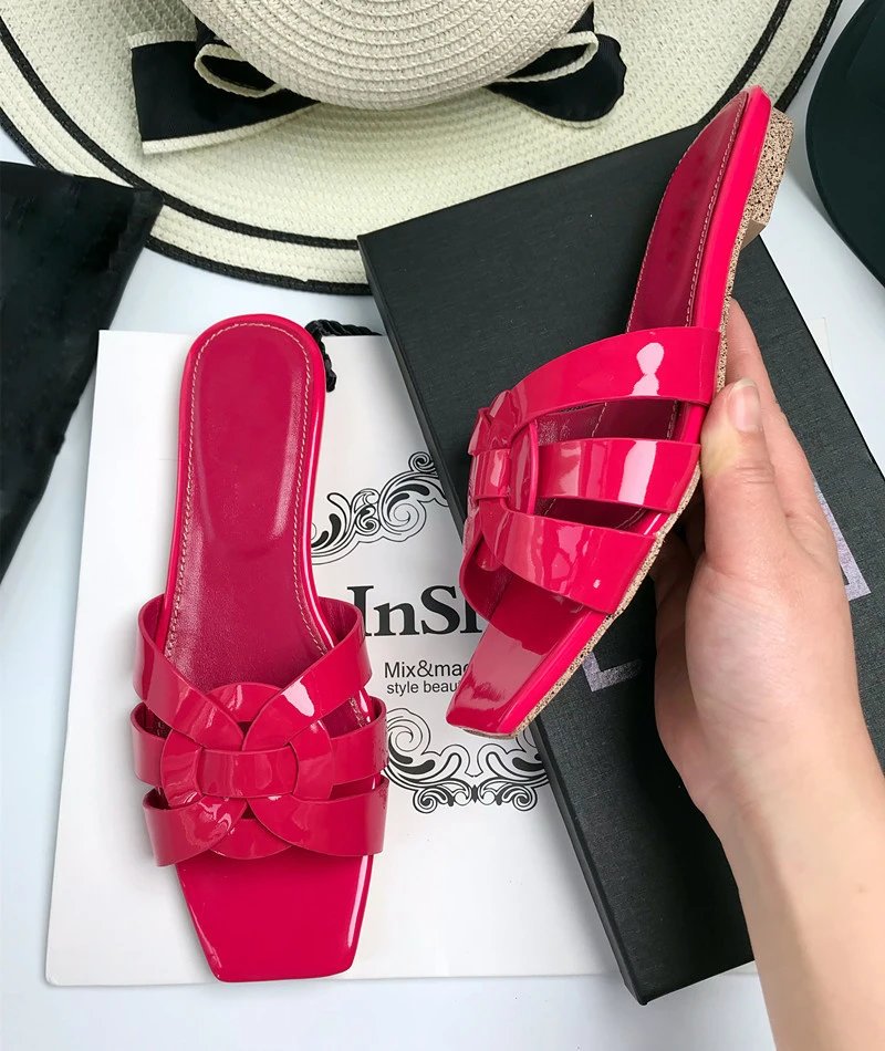 Unbranded Sandals Square-Toe Woven Strap Flat Slides — Rose Patent Leather