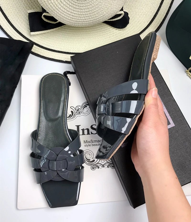 Unbranded Sandals Square-Toe Woven Strap Flat Slides — dark gray patent leather