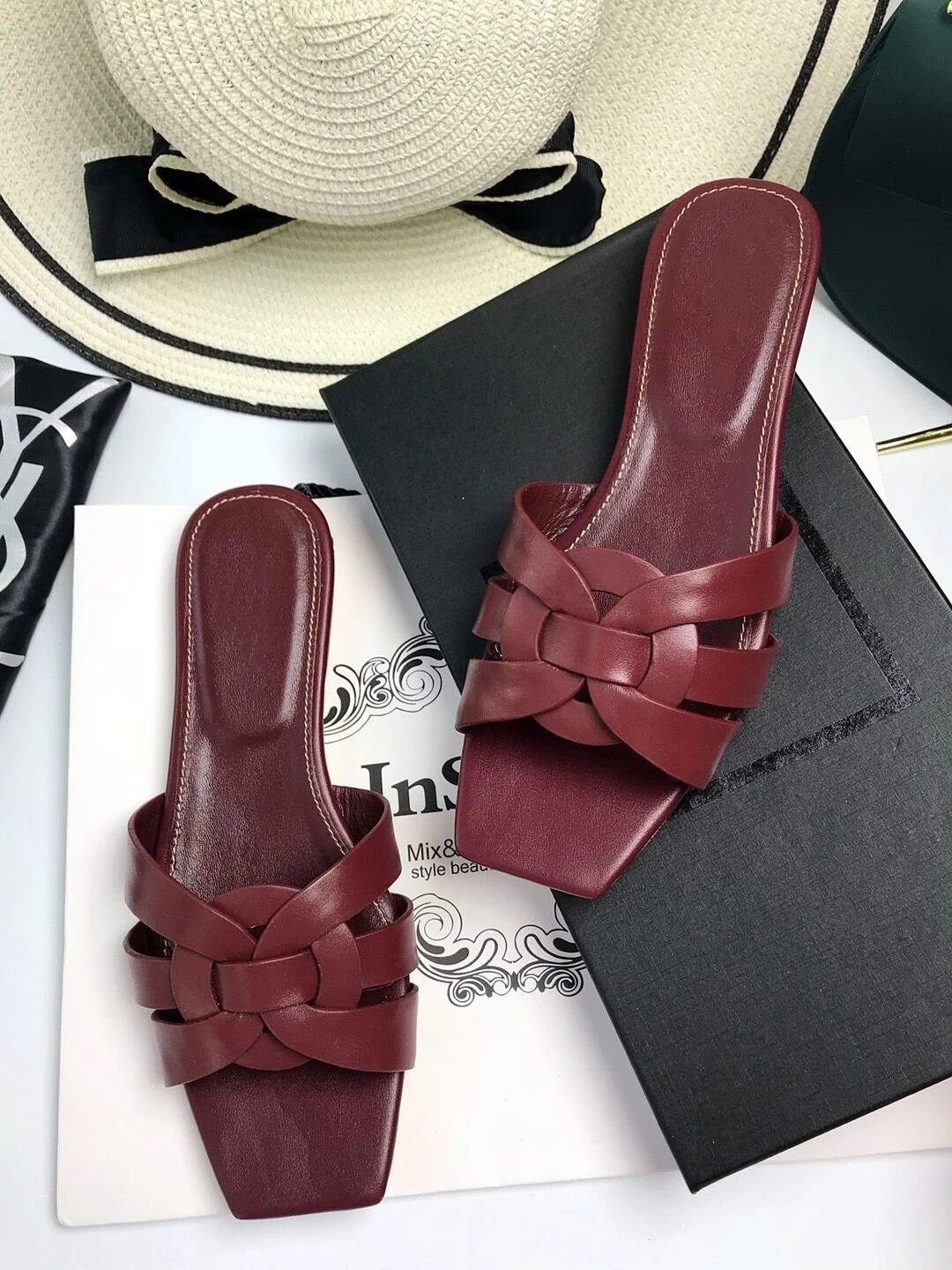 Unbranded Sandals Square-Toe Woven Strap Flat Slides — Wine red cowhide