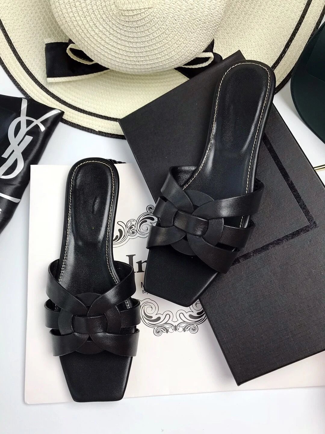 Unbranded Sandals Square-Toe Woven Strap Flat Slides — Black cowhide
