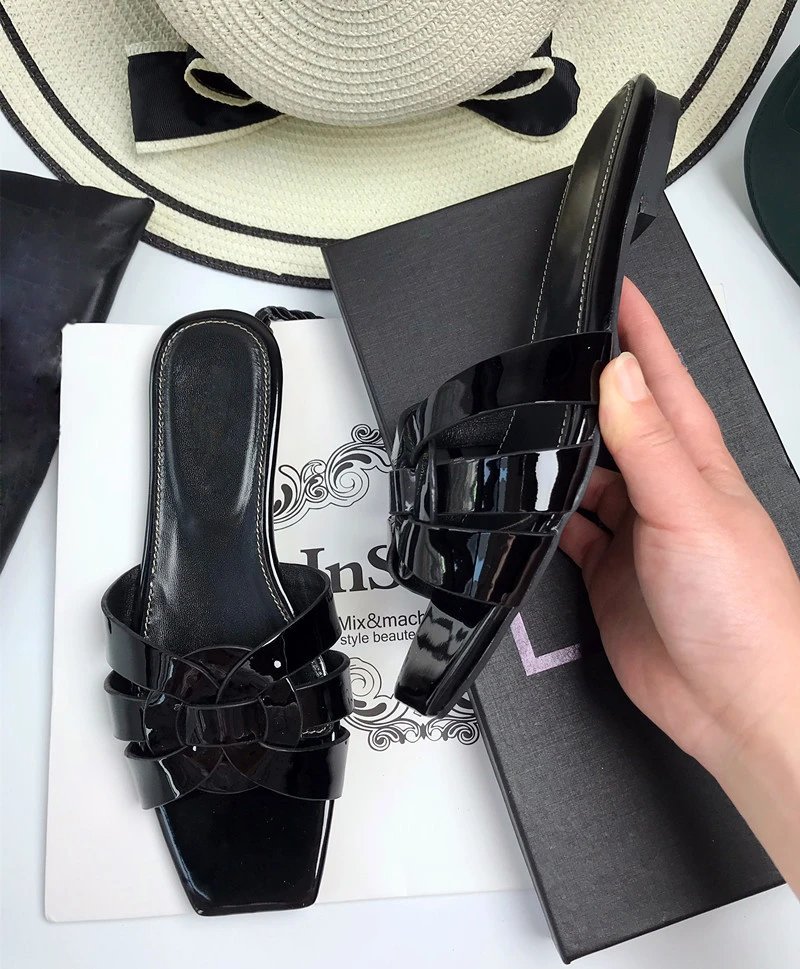 Unbranded Sandals Square-Toe Woven Strap Flat Slides — Black patent leather