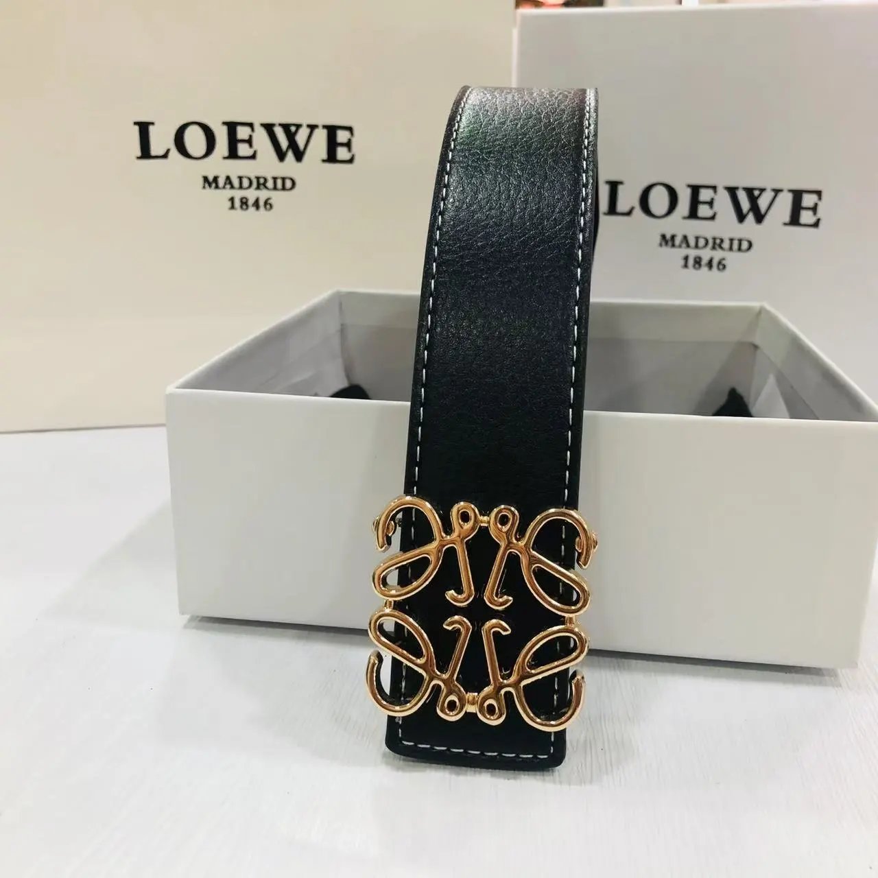 LOEWE Belts Anagram Buckle — Black with gold buckle
