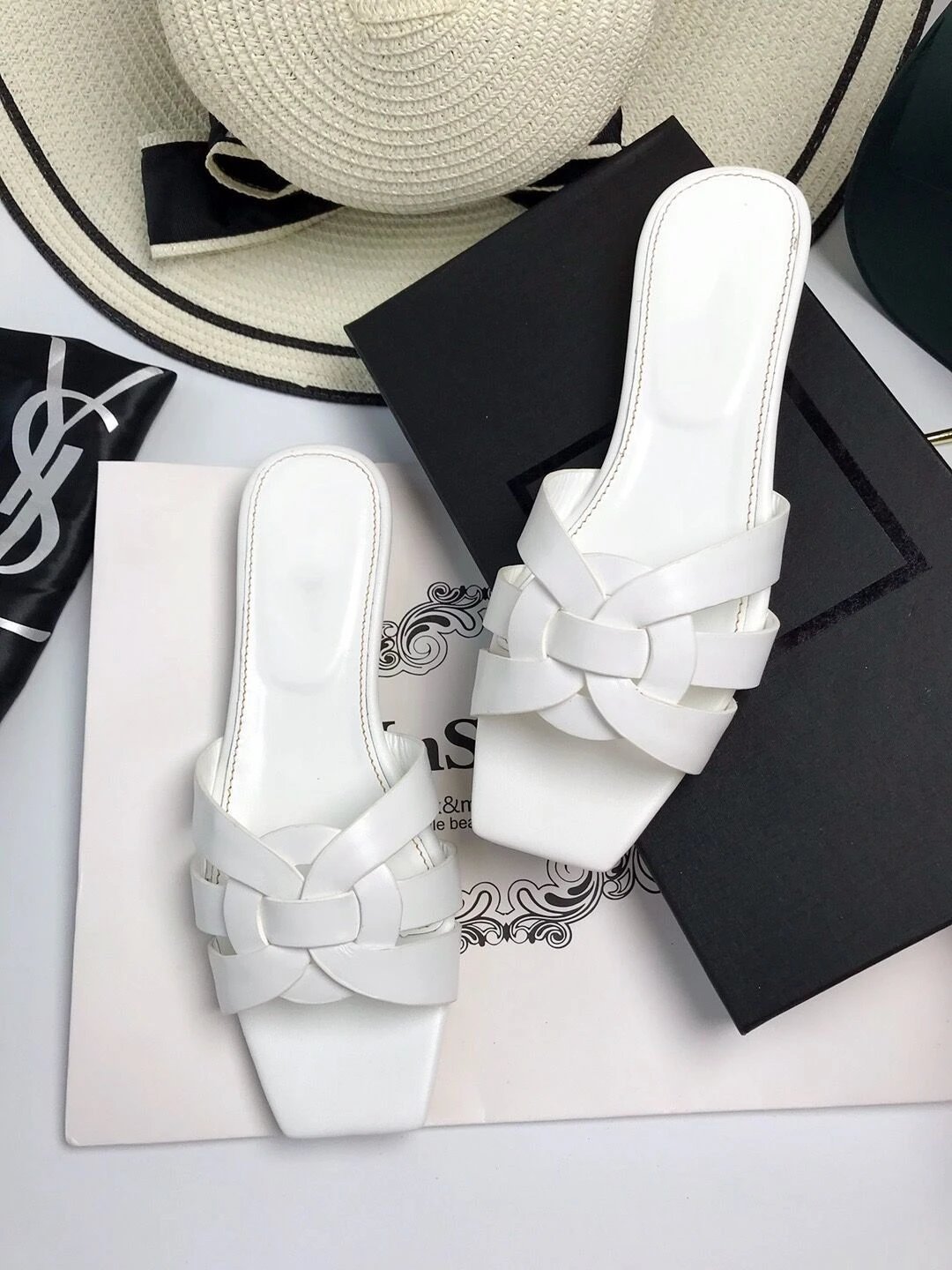 Unbranded Sandals Square-Toe Woven Strap Flat Slides — white cowhide