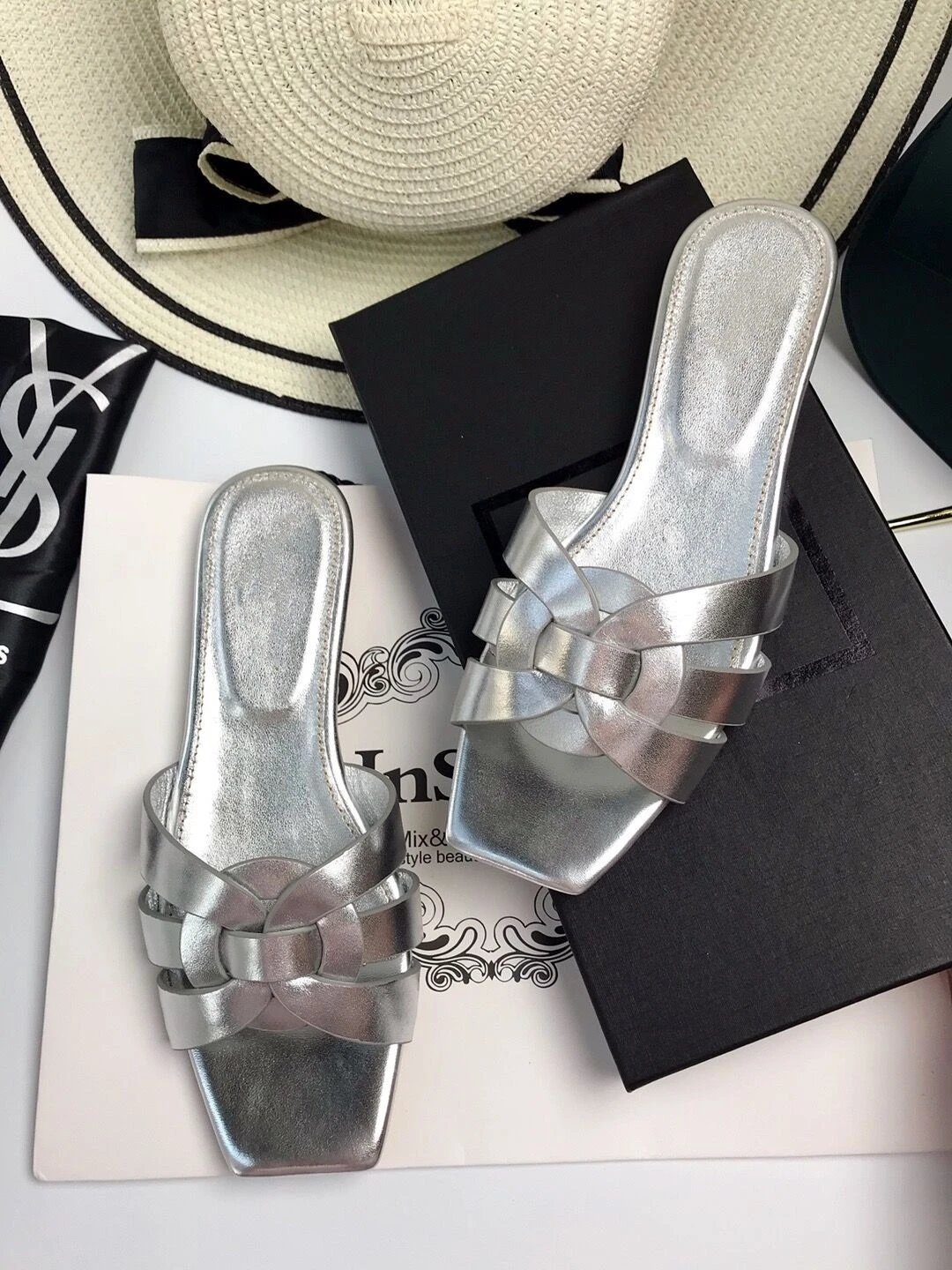 Unbranded Sandals Square-Toe Woven Strap Flat Slides — Silver Cowhide