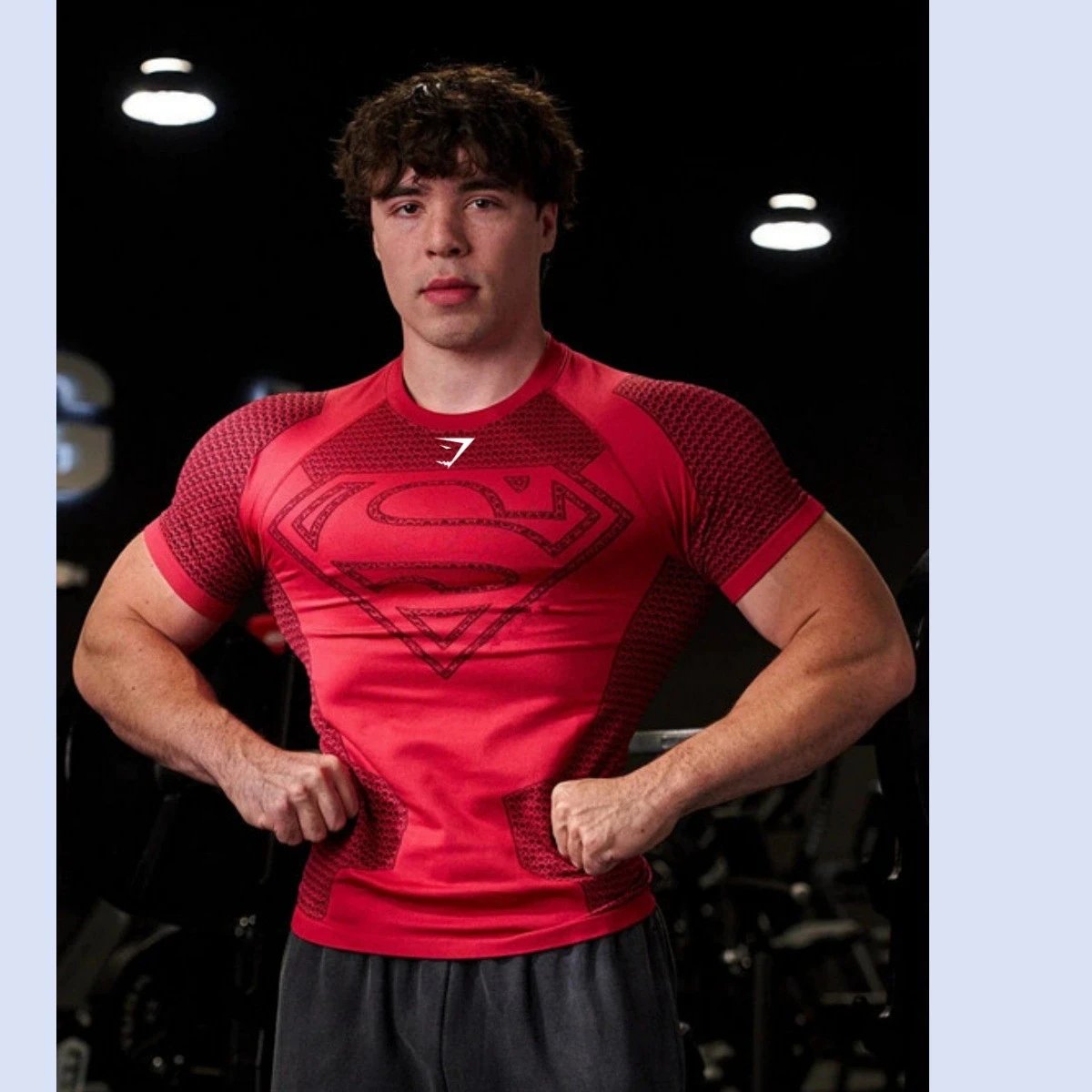 YoungLA T-Shirts Men's short-sleeve compression athletic T-shirt with Superman emblem — Red-Shark