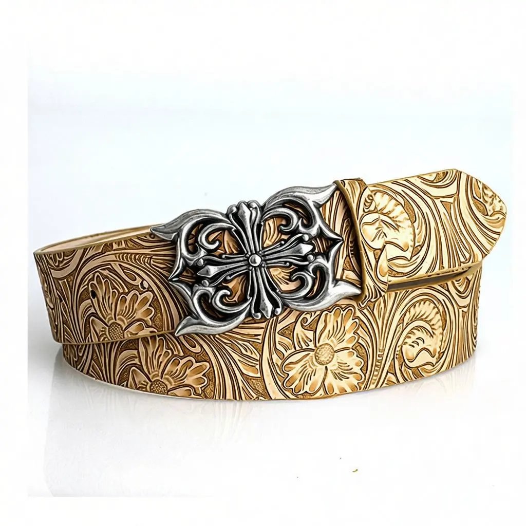 Unbranded Belts Embossed Floral Belt with Ornate Cross Buckle — Beige-D