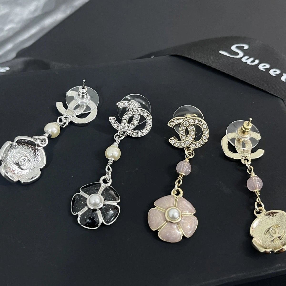 Chanel Jewelry Rhinestone Double C Floral Drop Earrings product image