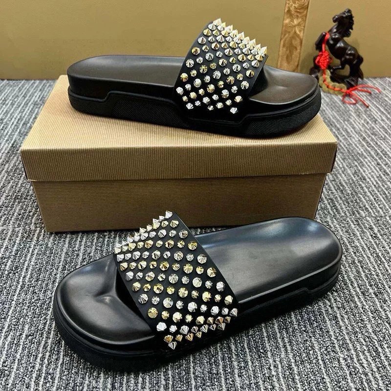 Unbranded Slippers Open-Toe Studded Slide — Black color nail