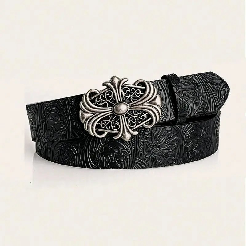 Unbranded Belts Embossed Floral Belt with Ornate Cross Buckle — Black-C