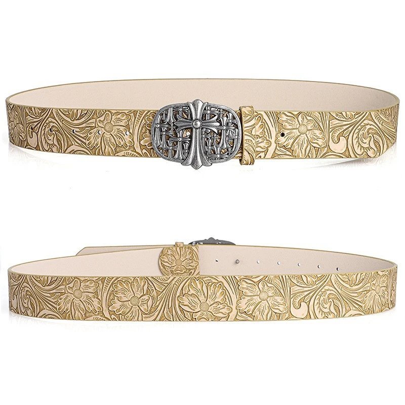 Unbranded Belts Embossed Floral Belt with Ornate Cross Buckle — Beige-E