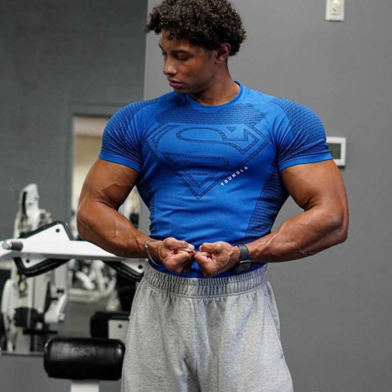 YoungLA T-Shirts Men's short-sleeve compression athletic T-shirt with Superman emblem image 3