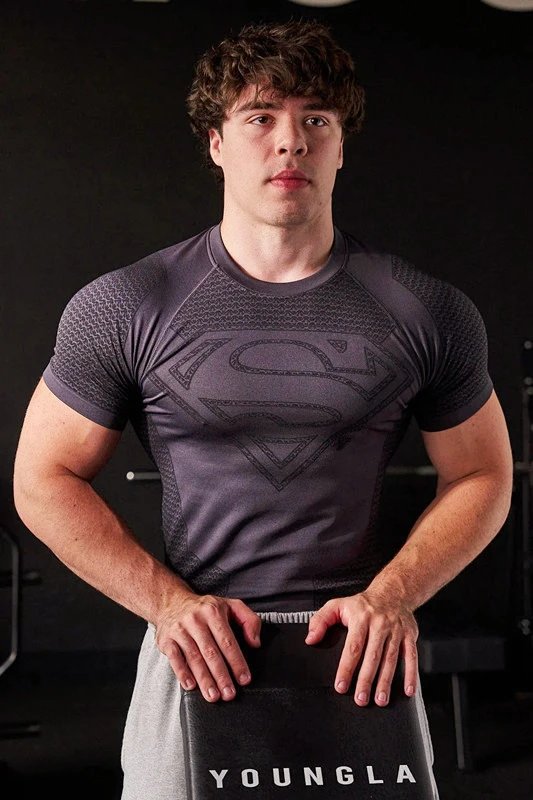 YoungLA T-Shirts Men's short-sleeve compression athletic T-shirt with Superman emblem — Grey (None logo)