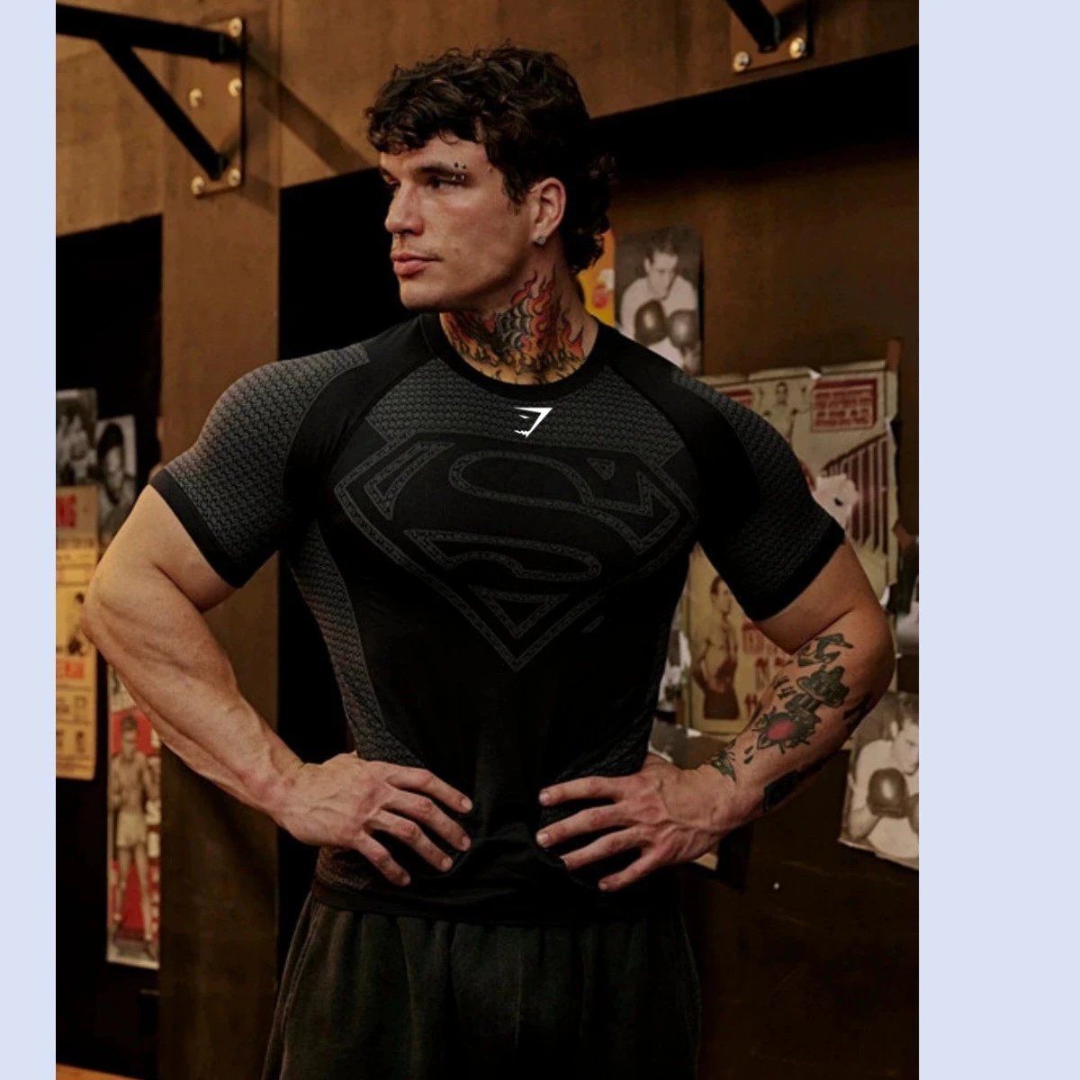 YoungLA T-Shirts Men's short-sleeve compression athletic T-shirt with Superman emblem — Black-Shark