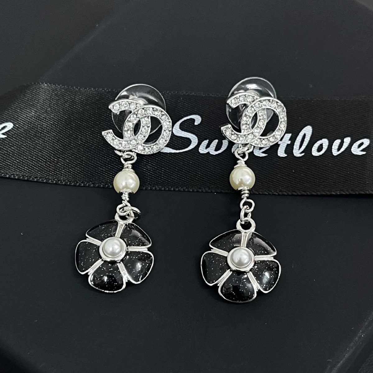 Chanel Jewelry Rhinestone Double C Floral Drop Earrings image 3