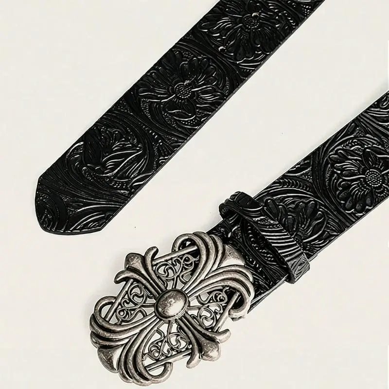 Unbranded Belts Embossed Floral Belt with Ornate Cross Buckle image 3