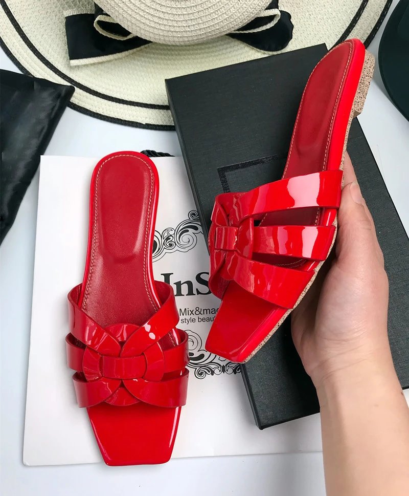Unbranded Sandals Square-Toe Woven Strap Flat Slides — large red patent leather