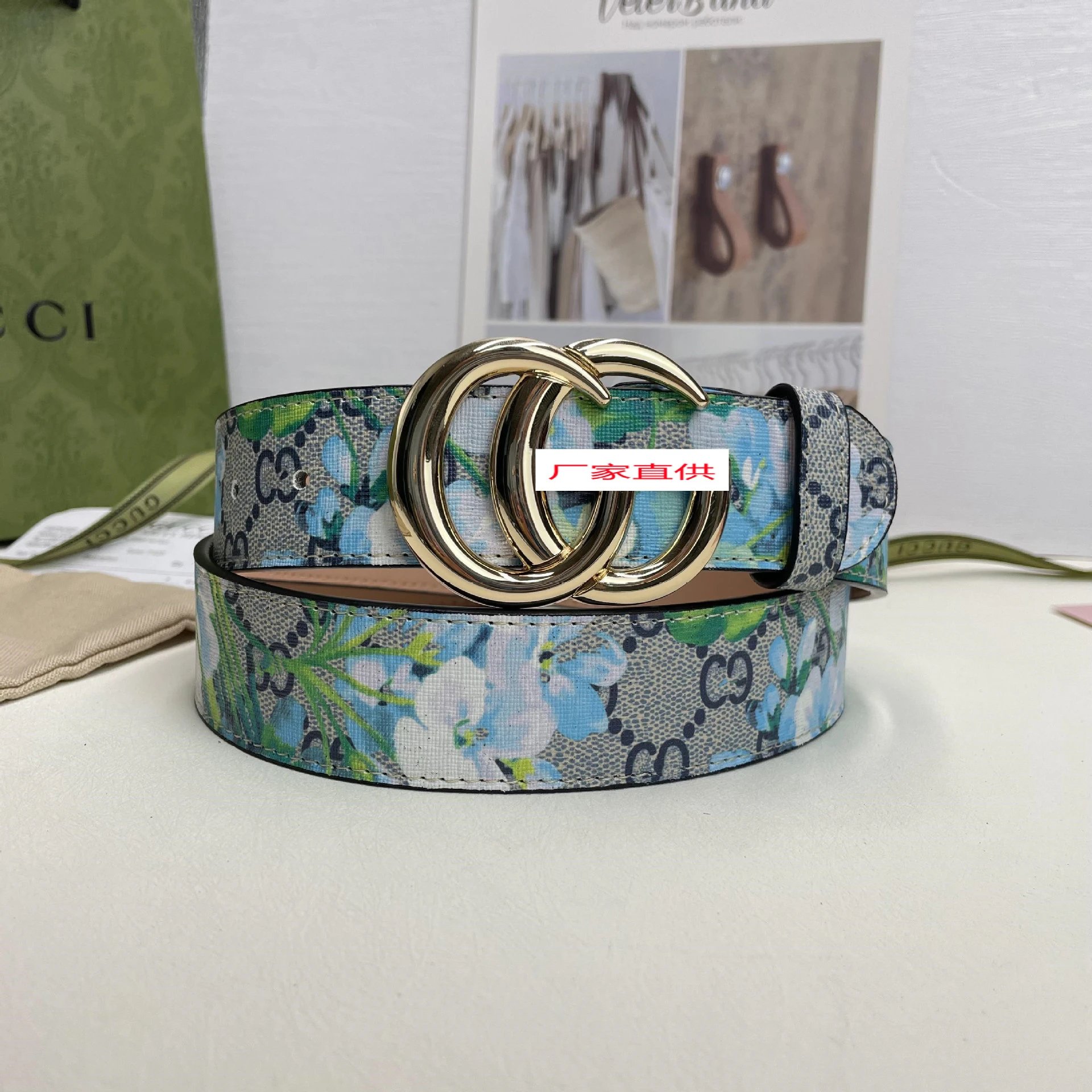 Gucci Belts Floral GG monogram belt with double-G buckle — G Golden Buckle Blue Flower