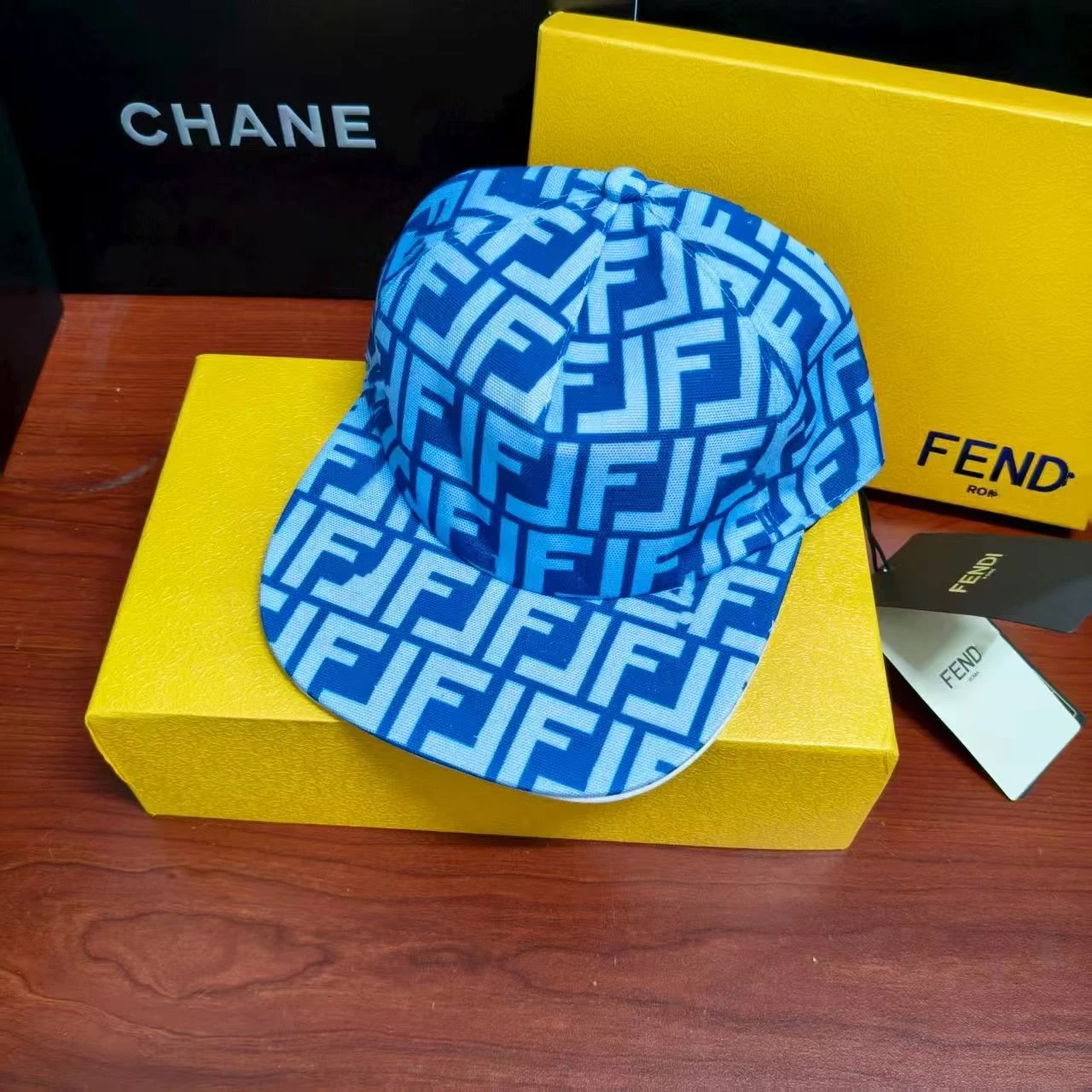 Fendi Hats FF Monogram Baseball Cap — Royal blue box