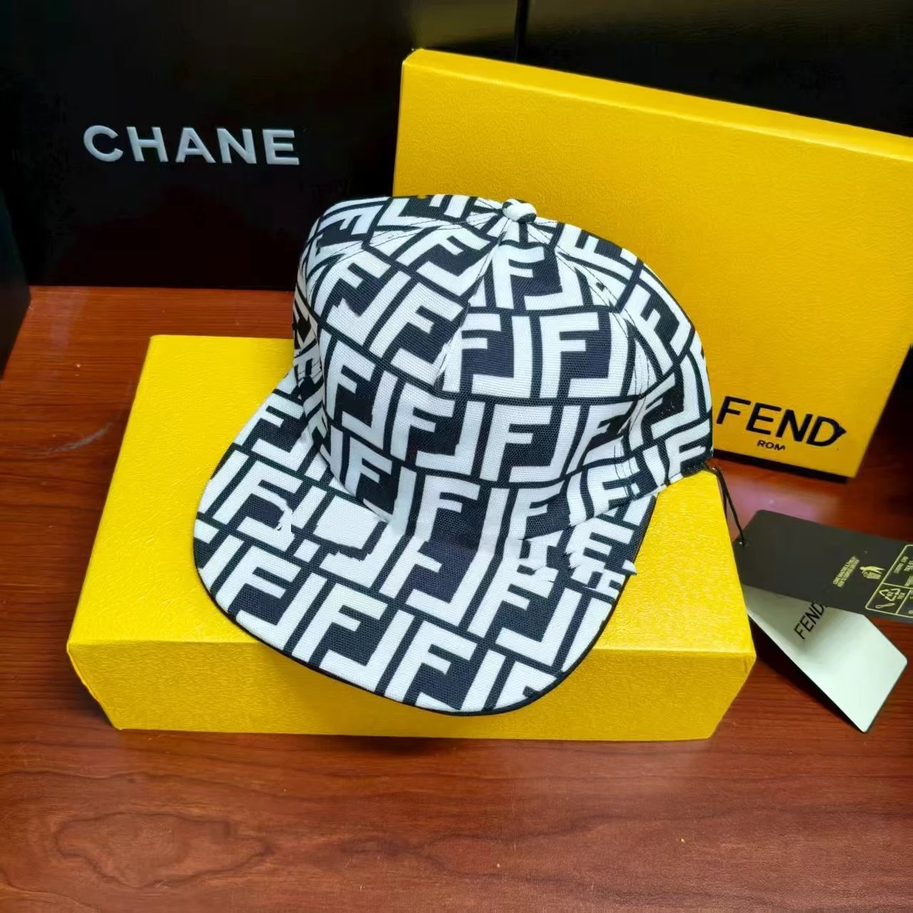 Fendi Hats FF Monogram Baseball Cap — Black and white box
