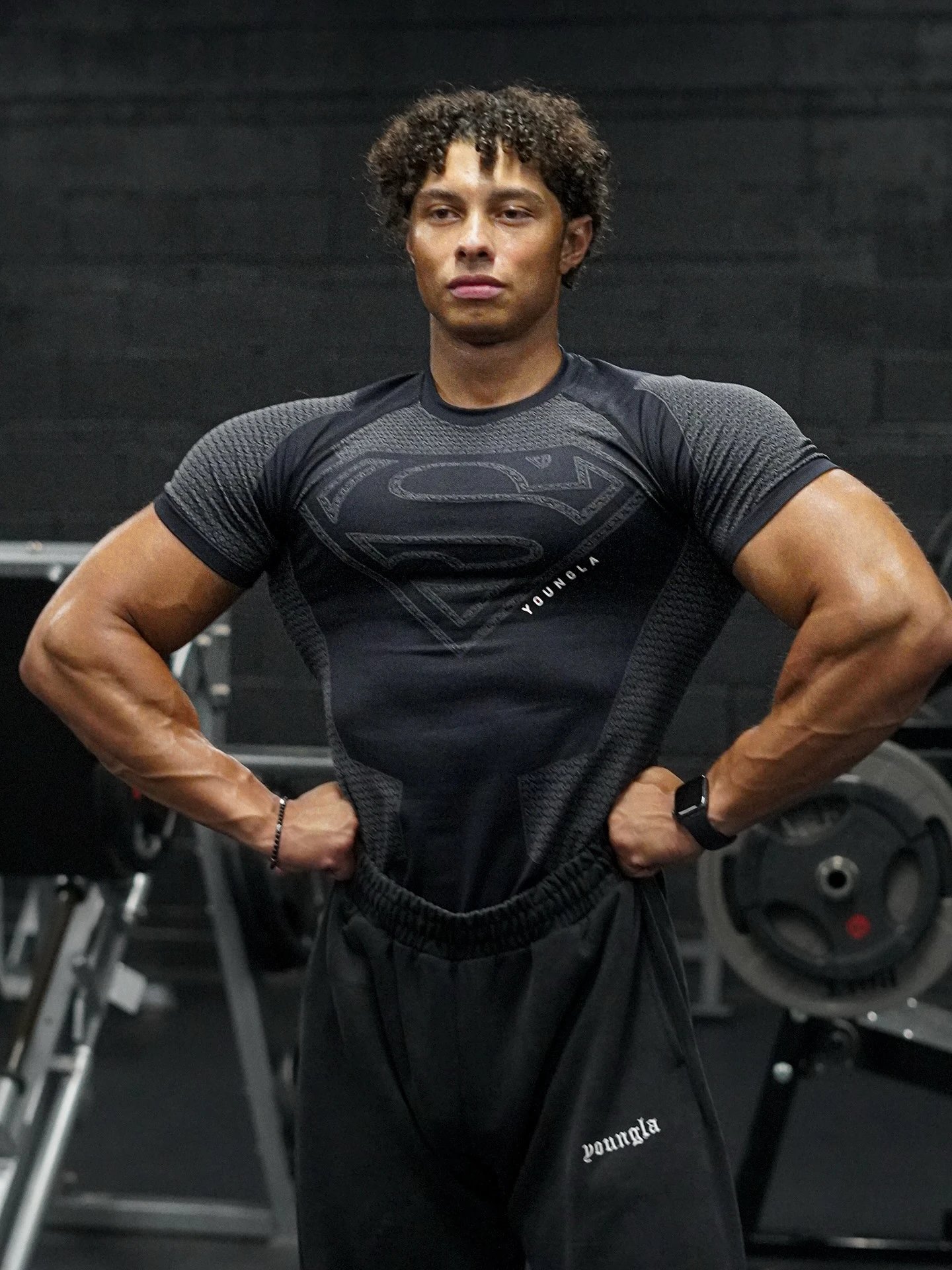 YoungLA T-Shirts Men's short-sleeve compression athletic T-shirt with Superman emblem — Black