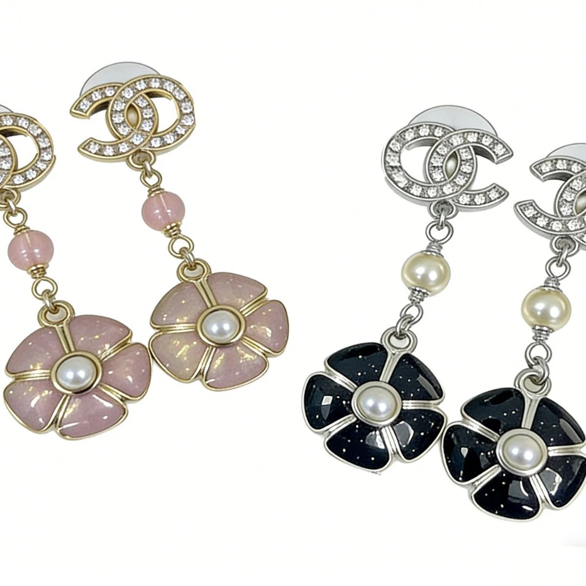 Chanel Jewelry Rhinestone Double C Floral Drop Earrings image 5