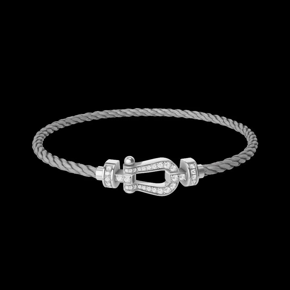 FRED Jewelry Force 10 braided cord buckle bracelet — Medium-sized platinum full-diamond gray steel cable