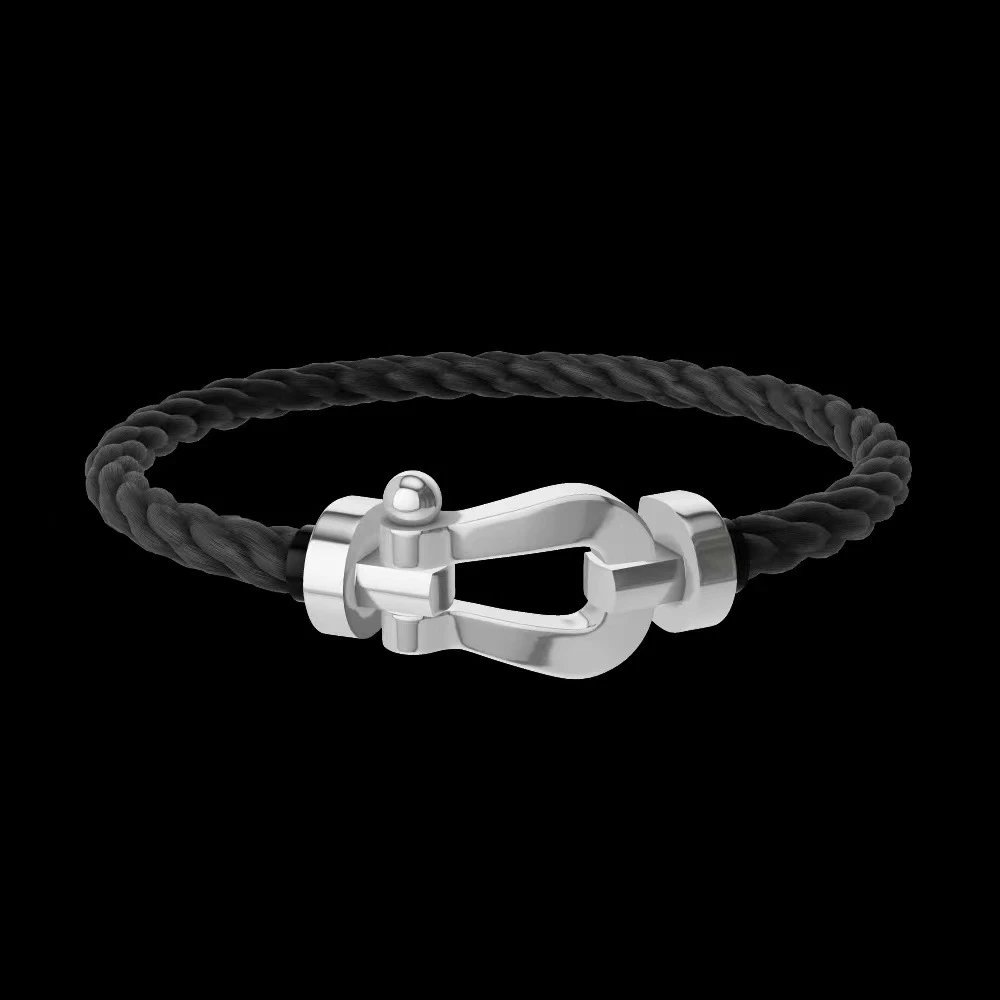FRED Jewelry Force 10 braided cord buckle bracelet — Large-sized white gold polished black rope