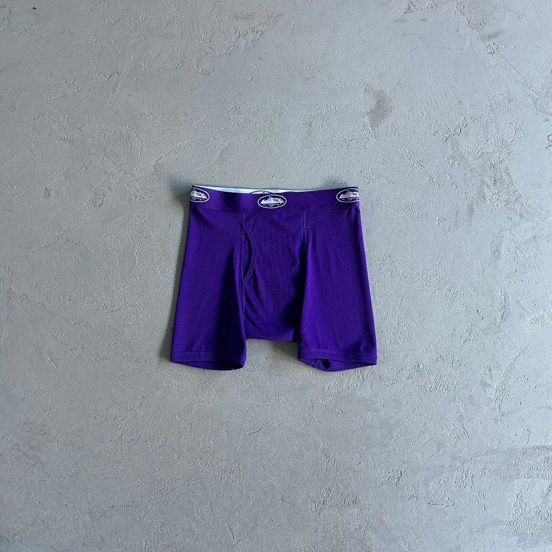 Corteiz Underwear Alcatraz Logo Boxer Briefs — Three outfits with purple stars