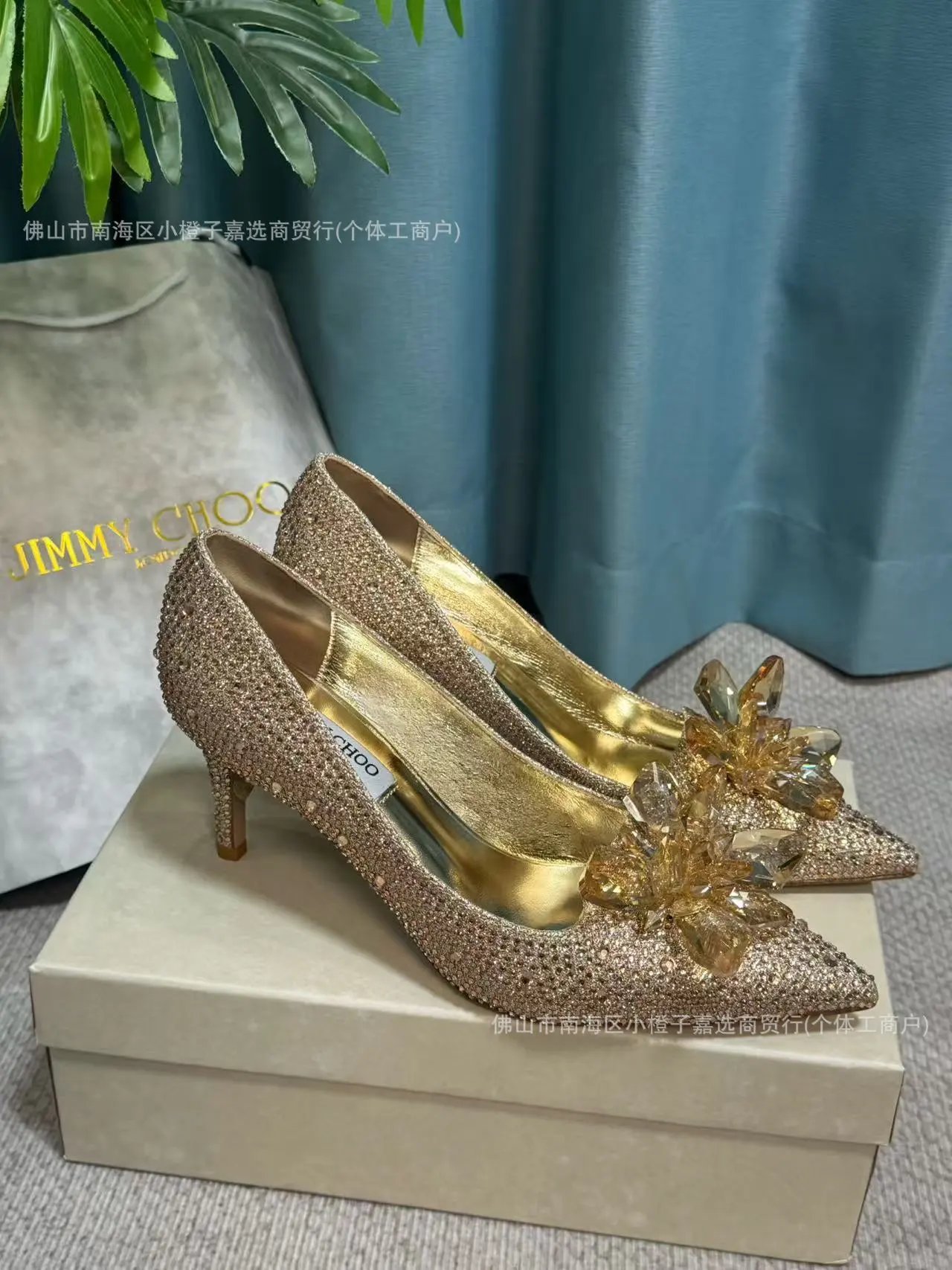 Jimmy Choo High Heels Pointed-Toe Crystal Flower Pumps — Champagne 5cm