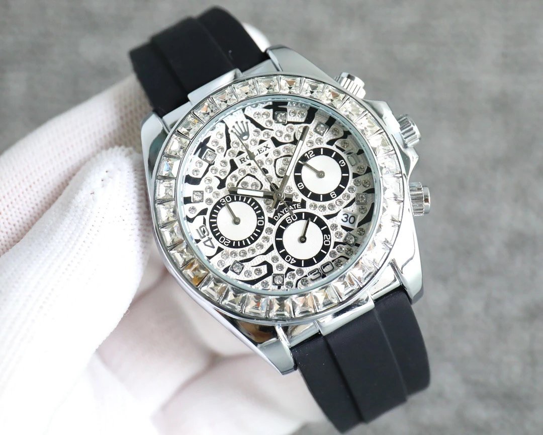 Rolex Watches Crystal-Bezel Chronograph-Style Watch with Black Rubber Strap — ty2
