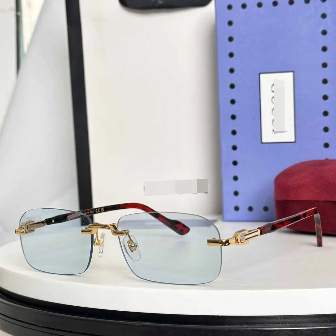 Unbranded Eyewear Rimless rectangular sunglasses with decorative metal temples — Hawksbill Blue (without box)