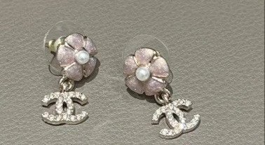 Chanel Jewelry Rhinestone Double C Floral Drop Earrings — Pink flower double C Earrings