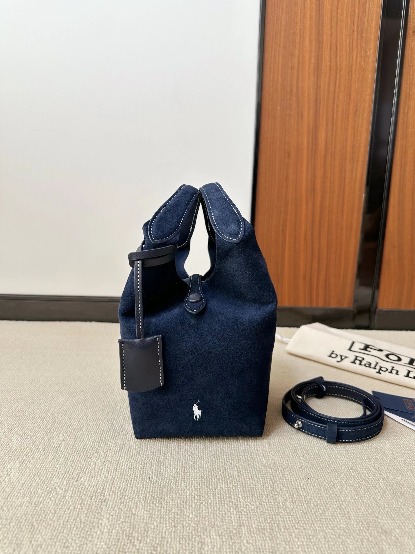 Polo Ralph Lauren Handbags Suede small tote bag with pony embroidery — Navy Blue