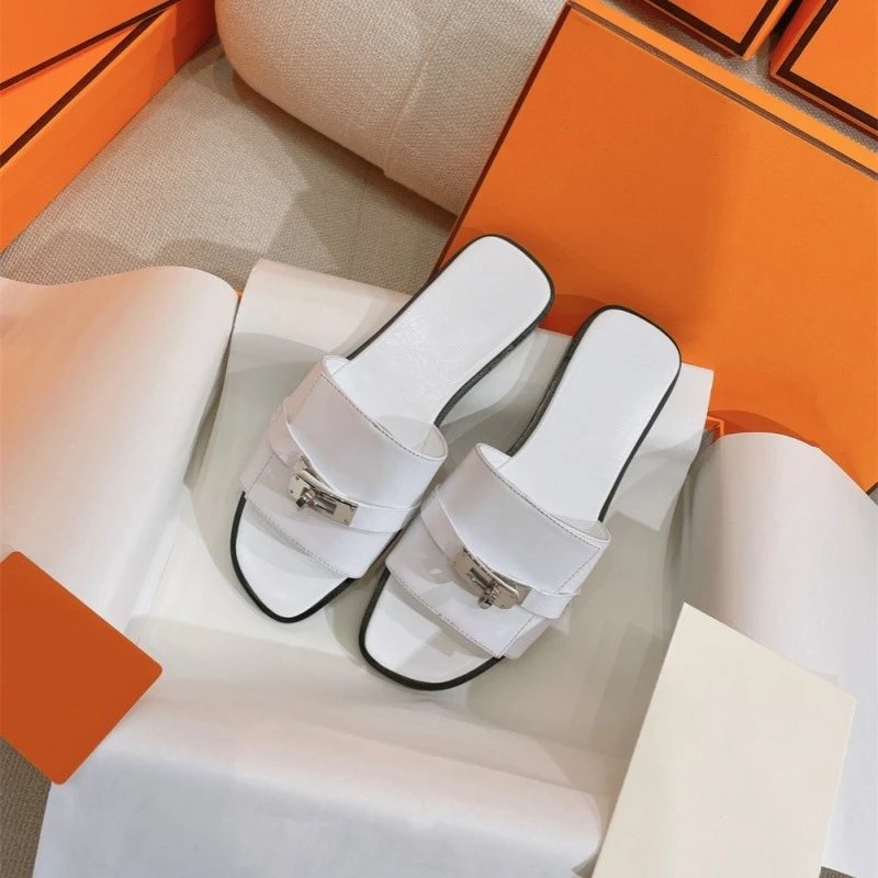 Unbranded Sandals Flat slide with metal buckle detail — white