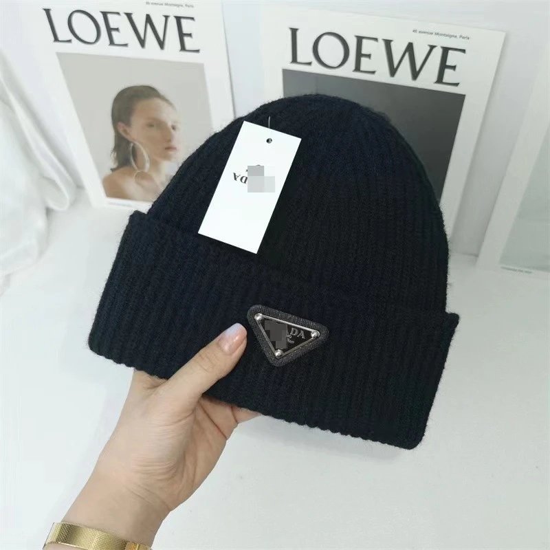 Prada Hats Ribbed Knit Beanie with Triangle Logo Plaque image 2