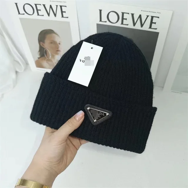 Prada Hats Ribbed Knit Beanie with Triangle Logo Plaque product detail image 2