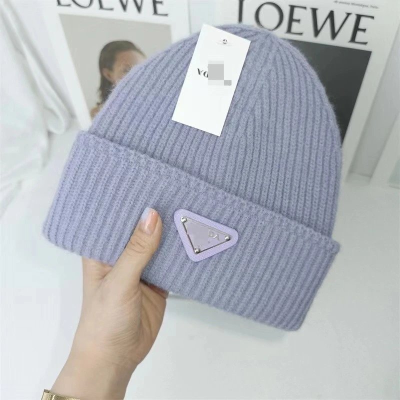 Prada Hats Ribbed Knit Beanie with Triangle Logo Plaque — Lavender purple