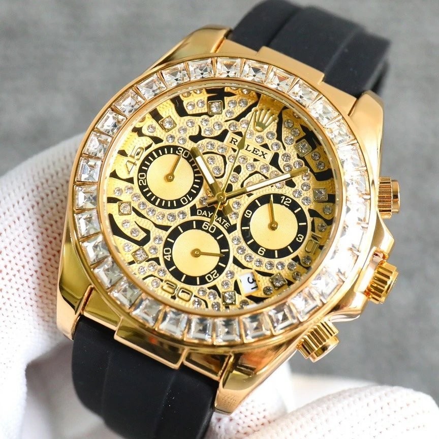 Rolex Watches Crystal-Bezel Chronograph-Style Watch with Black Rubber Strap image 3