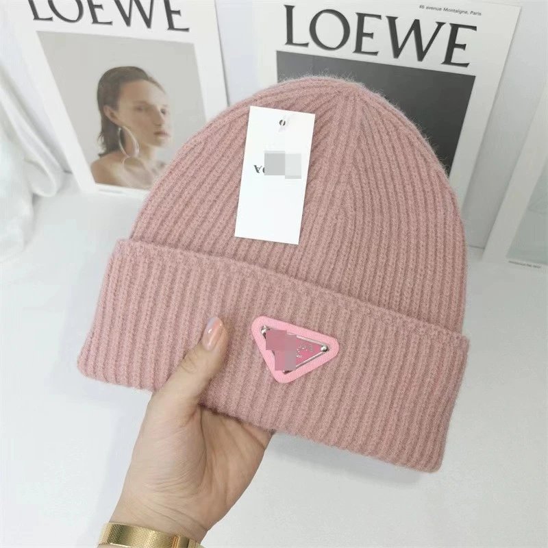 Prada Hats Ribbed Knit Beanie with Triangle Logo Plaque — Pink